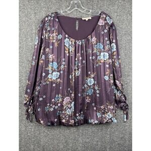 Blousology Blouse 2X Plus Purple Blue Floral Pleated Pinstripe Top Lined Boho